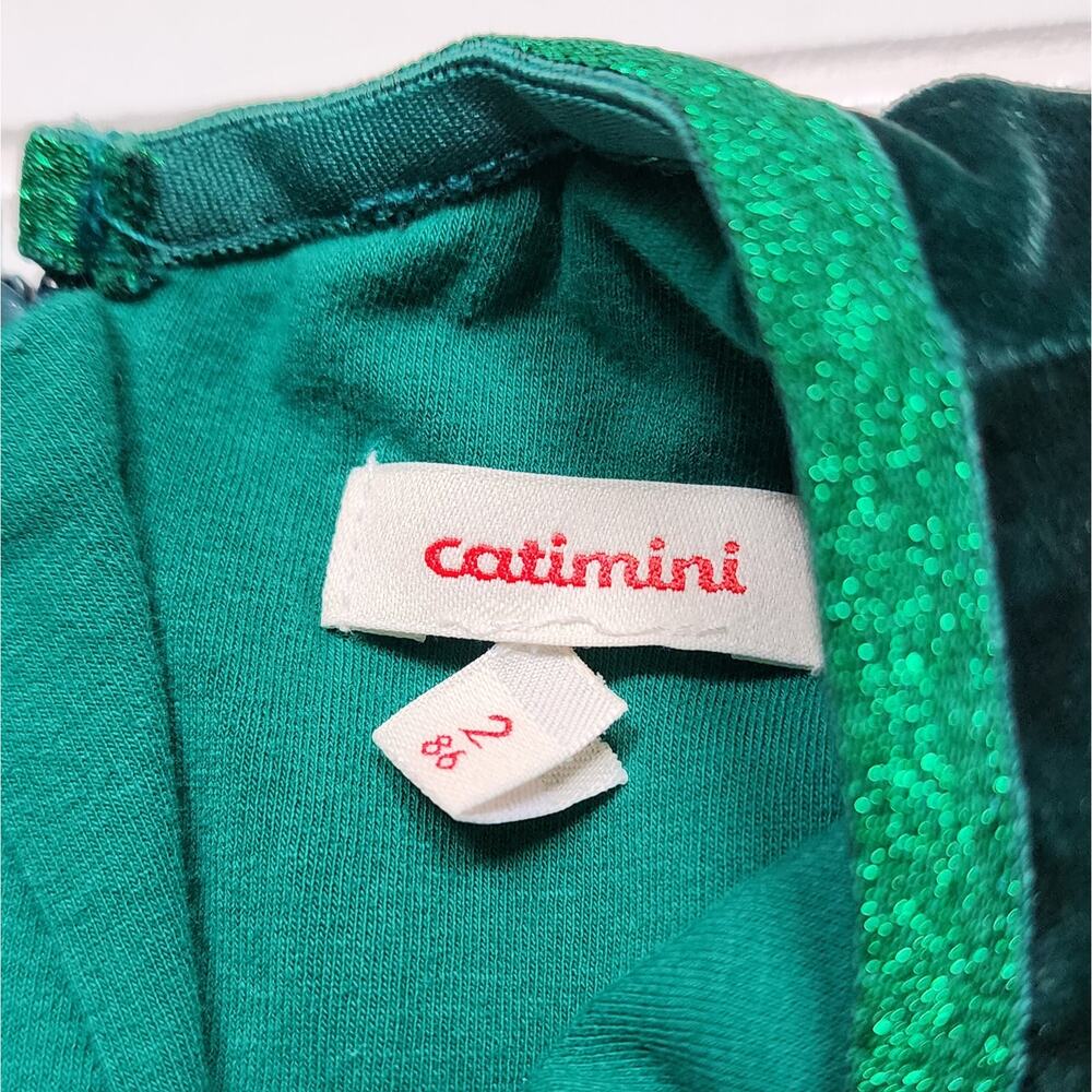 Catimini Girls Green Velvet Holiday Pom Pom Bubble Dress - Picture 2 of 9